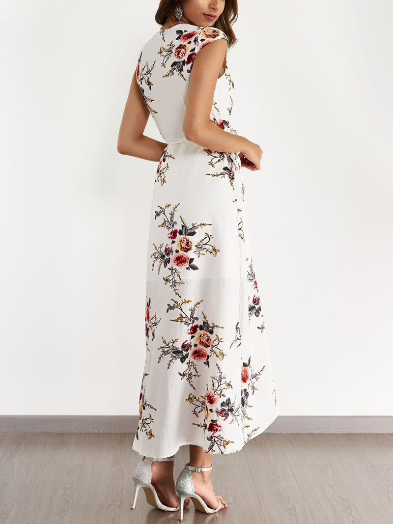 White V-neck Random Floral Print Self-tie Dress