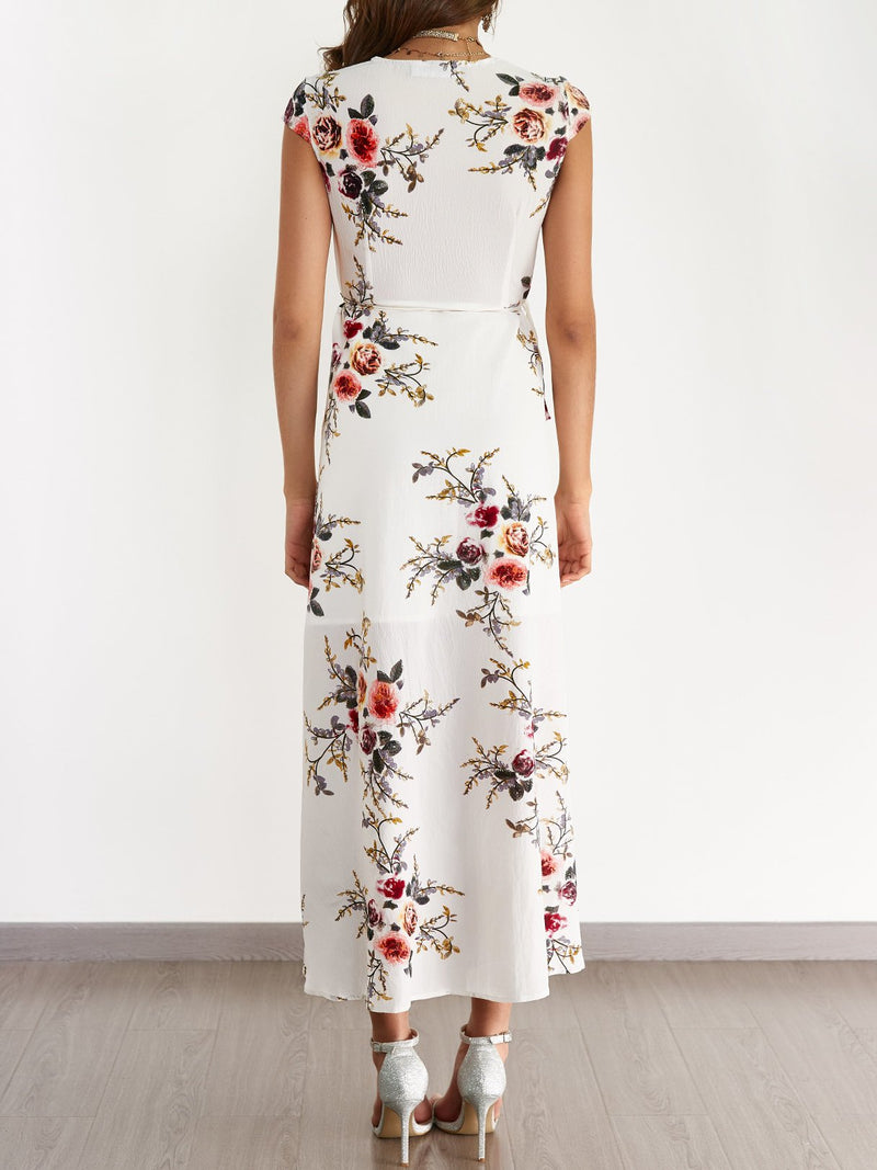 White V-neck Random Floral Print Self-tie Dress