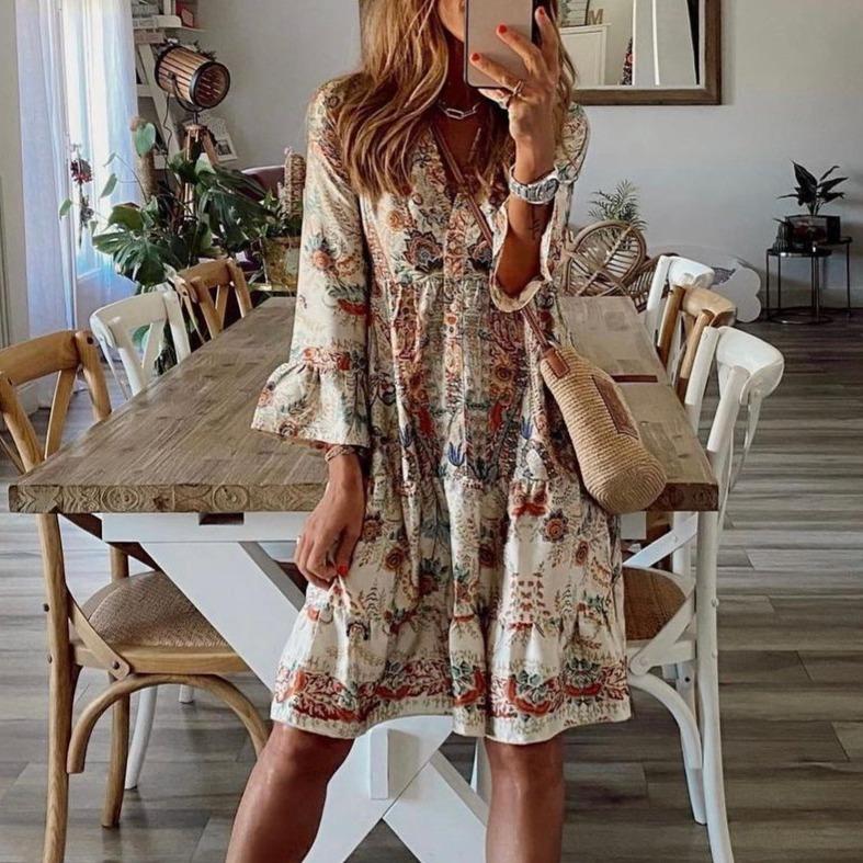 Retro Print V-Neck Long Sleeve Mini Dress