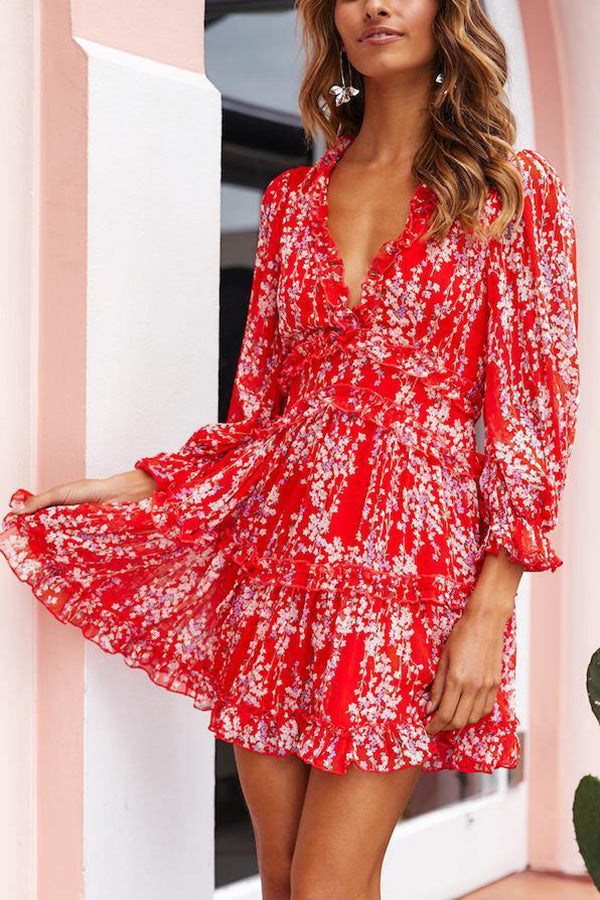 Rio Floral Print Backless Ruffle Mini Dress