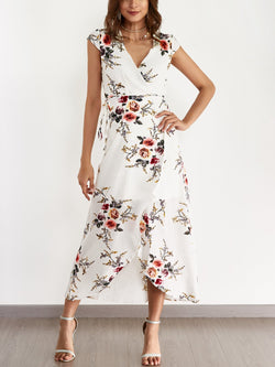 White V-neck Random Floral Print Self-tie Dress