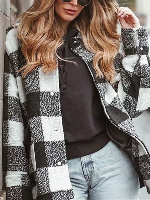 Plaid Checkered Black Button Pocket Coat