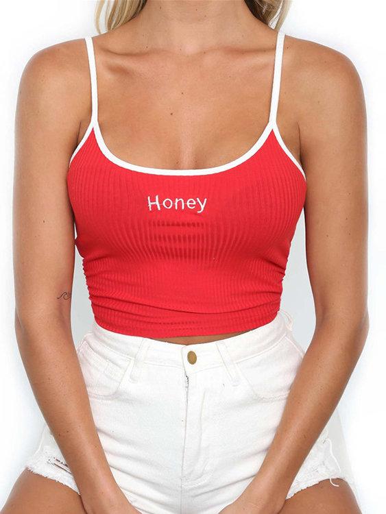 Adjustable Shoulder Straps Letter Round Neck Sleeveless Crop Top - Landing Closet