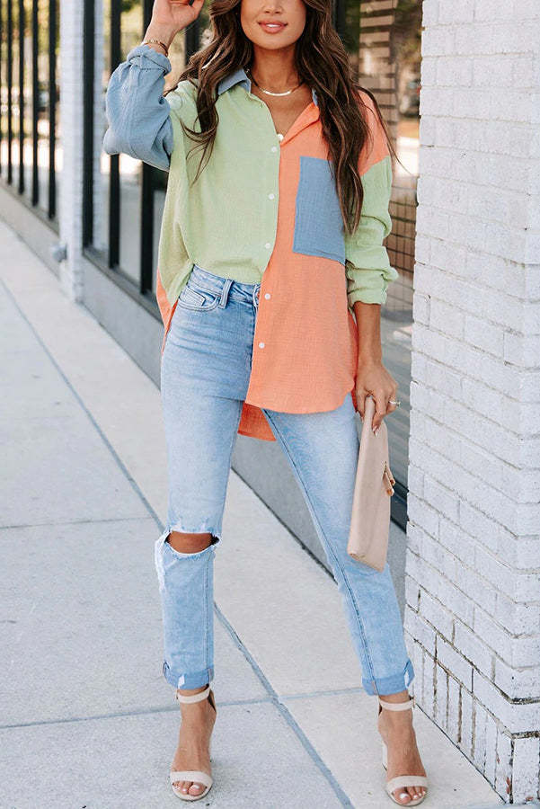 Color Block Textured Button Shirt with Pocket