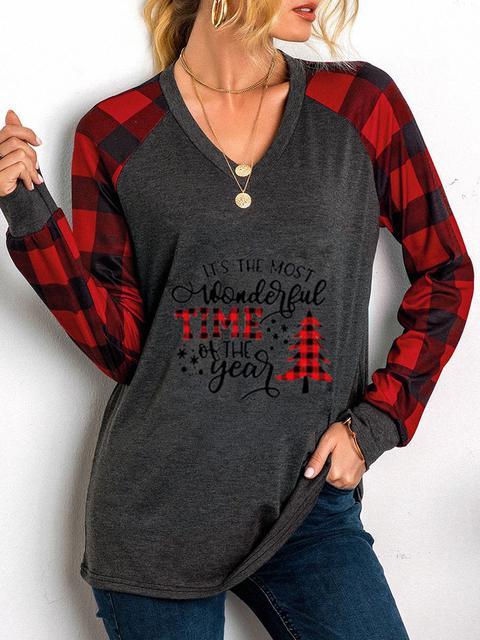 Christmas Plaid Print Long Sleeve Tops