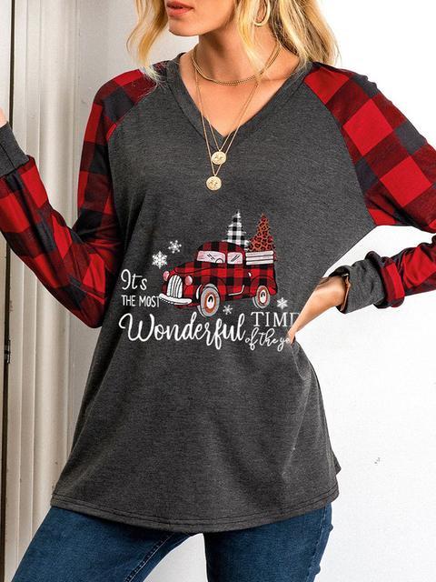 Christmas Plaid Print Long Sleeve Tops