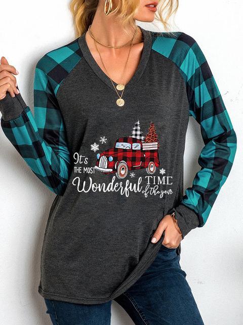 Christmas Plaid Print Long Sleeve Tops