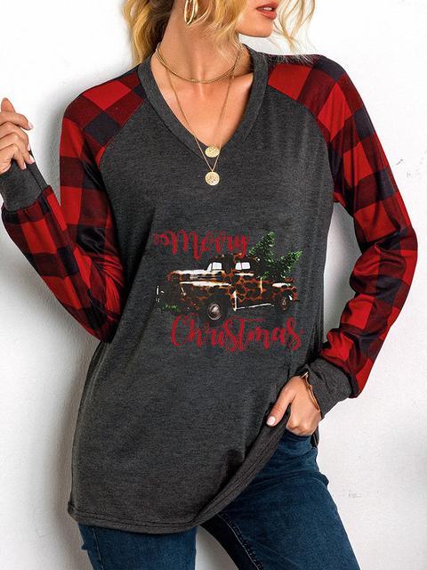 Christmas Plaid Print Long Sleeve Tops