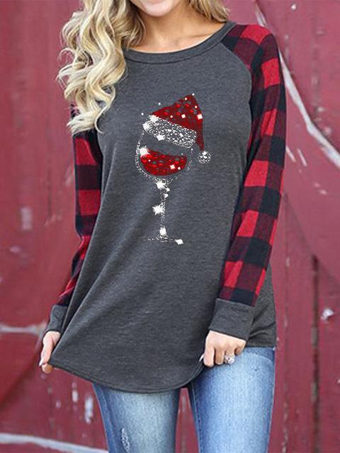 Christmas Print Plaid Sleeve T-shirt