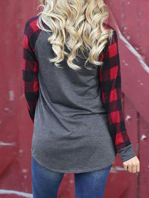 Christmas Print Plaid Sleeve T-shirt