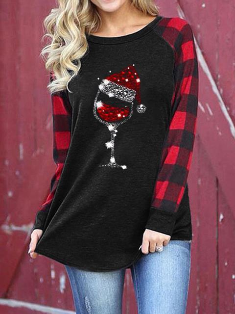 Christmas Print Plaid Sleeve T-shirt