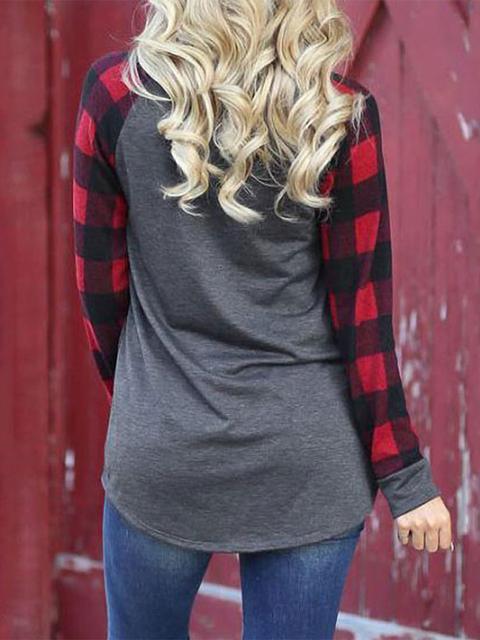 Christmas Print Plaid Sleeve T-shirt