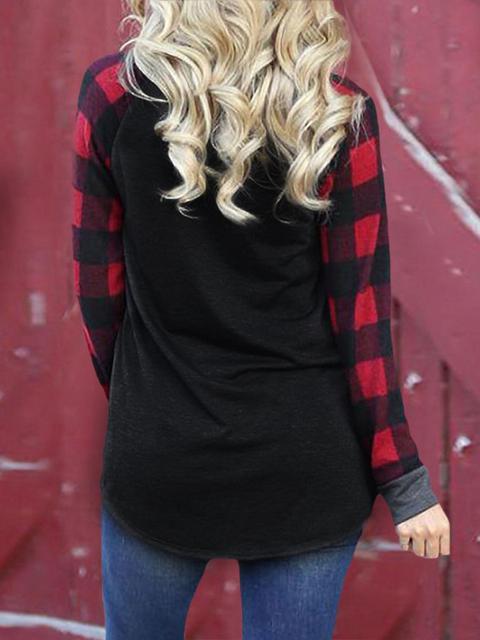 Christmas Print Plaid Sleeve T-shirt