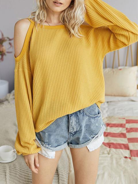 Cold Shoulder Waffle Knitted Tops