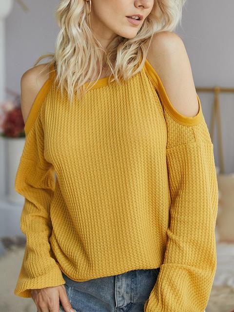 Cold Shoulder Waffle Knitted Tops