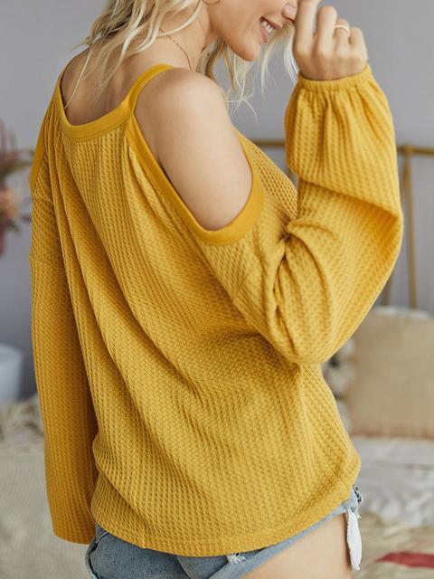 Cold Shoulder Waffle Knitted Tops