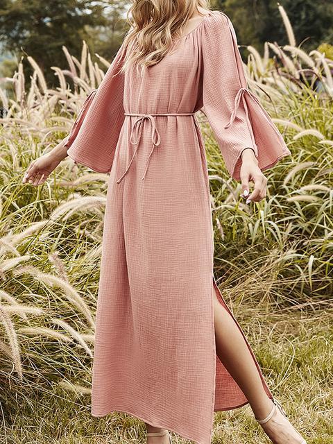 Crew Neck Solid Shift Midi Long Sleeve Dress