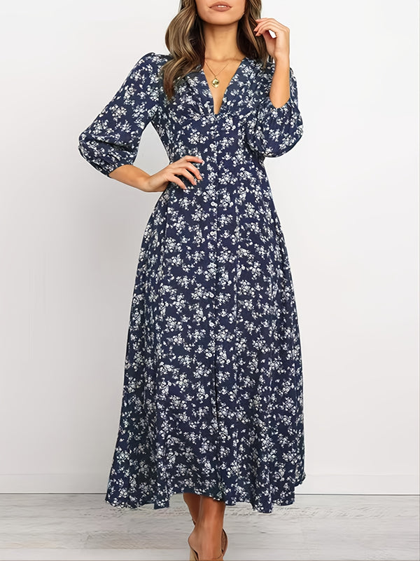 Vintage Ditsy Floral Lantern Long Sleeve Dress