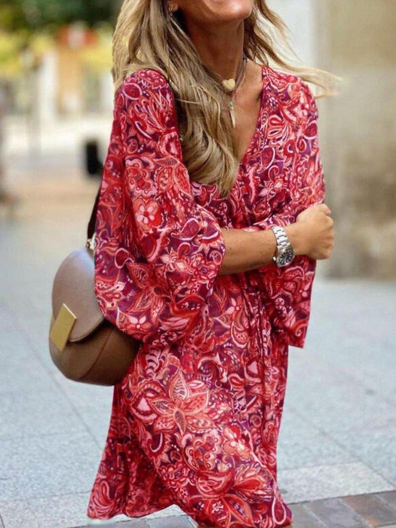 Drawstring V-Neck Short Floral Print Short Sleeve Mini Dress