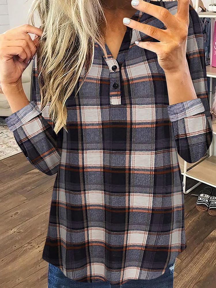 Plaid Half Button Long Sleeve Shirt