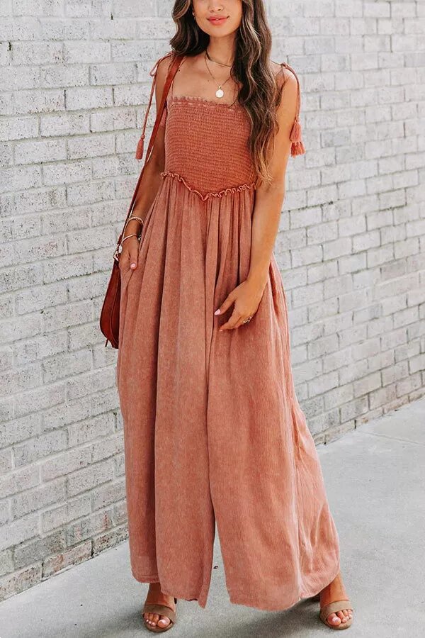 Smocked Pocket Wide Leg Slip Jumpsuit