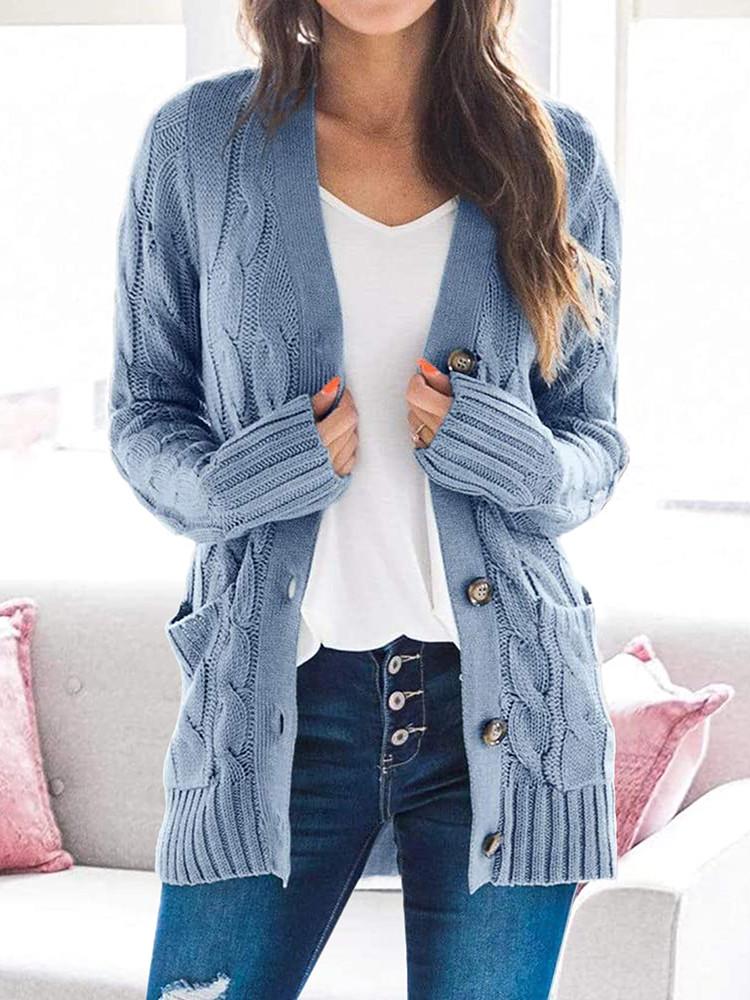 Loose Cable Button Solid Sweater Cardigan with Pockets