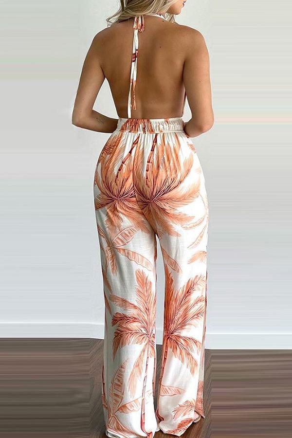 Carneros Floral Print Halter Wide Leg Jumpsuit