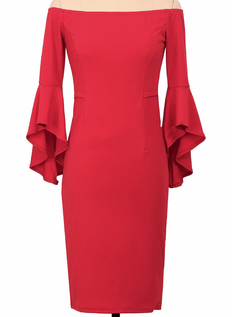 Off Shoulder Flounce Sleeve Bodycon Party Dress - Landing Closet