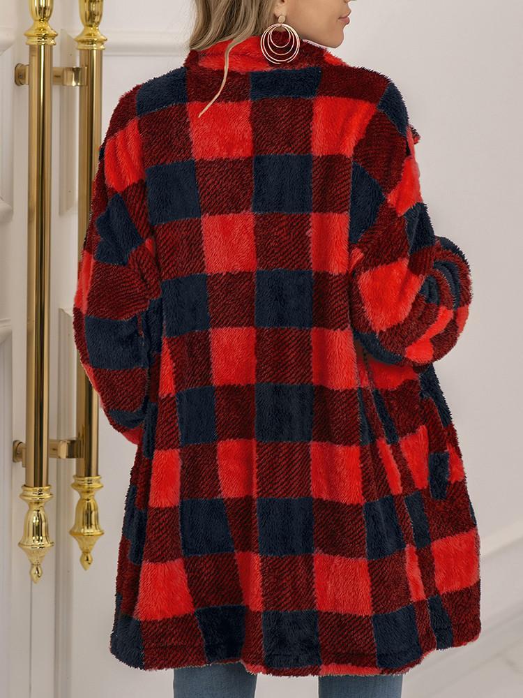 Plush Plaid Lapel Button Loose Coat