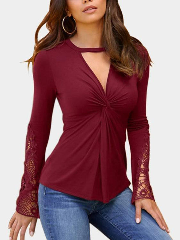 Firebrick Lace Detail Twist Knot Design V-neck Long Sleeves Blouse - Landing Closet