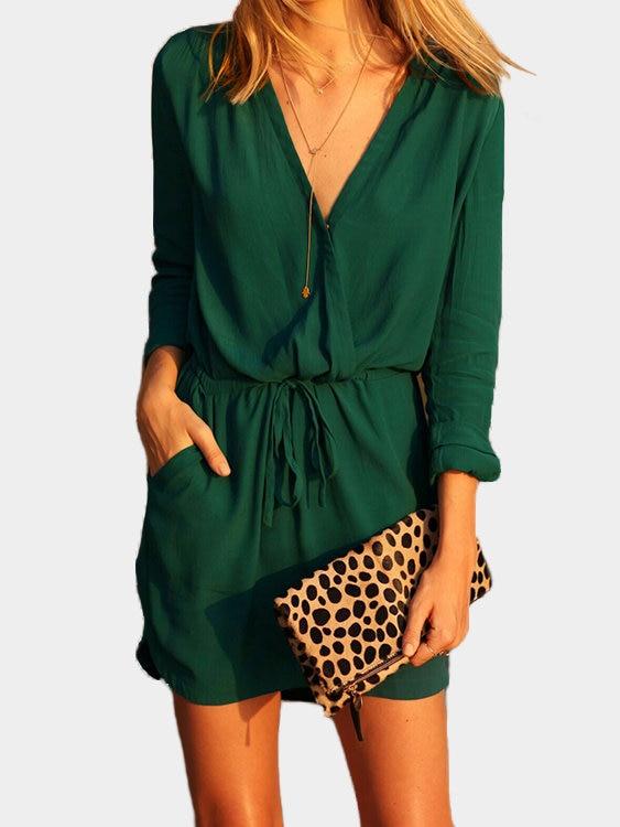 Green V-neck Drawstring Waist 3-4 Length Sleeves Dress with See-through Design - Landing Closet