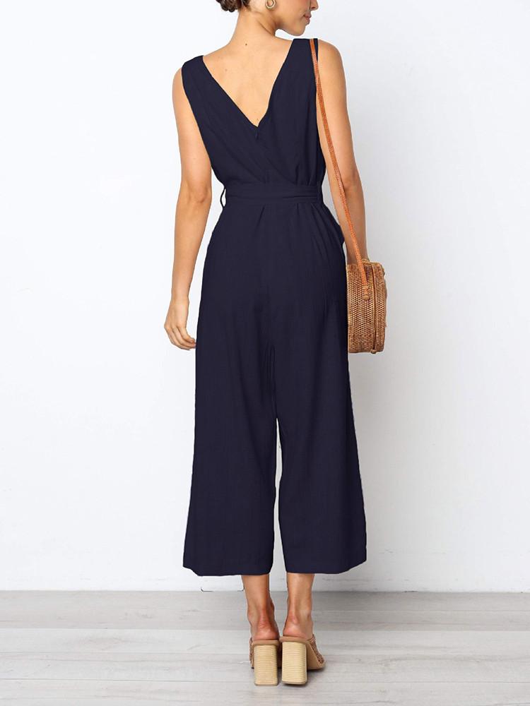 V-neck Solid Color Wide Leg Jumpsuit