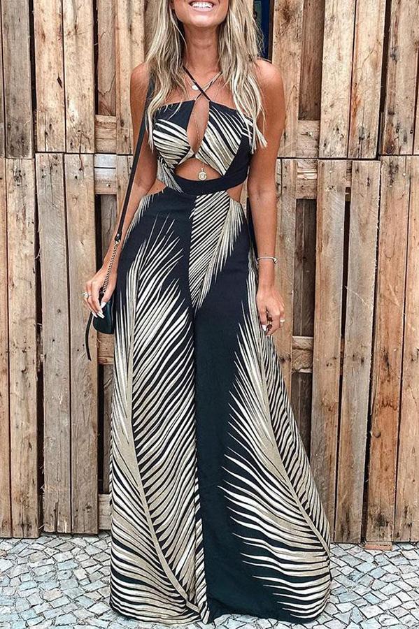 Tropical Palm Leaf Print Cutout Wide Leg Jumpsuit