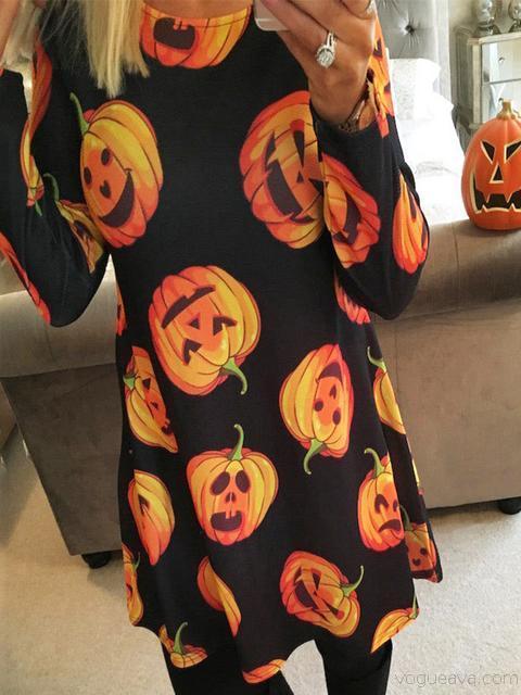 Halloween Long Sleeve Casual Santa Christmas Print Dress