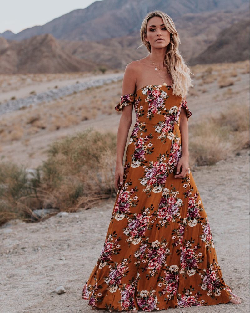 Flowers Printed Off Shoulder Party Maxi Dress - Landing Closet