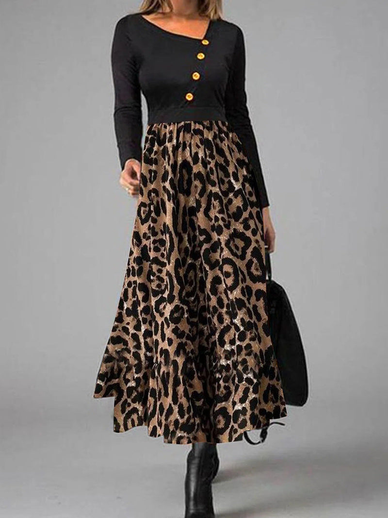 Women's Dresses Leopard Print Panel Button Long Sleeve Dress