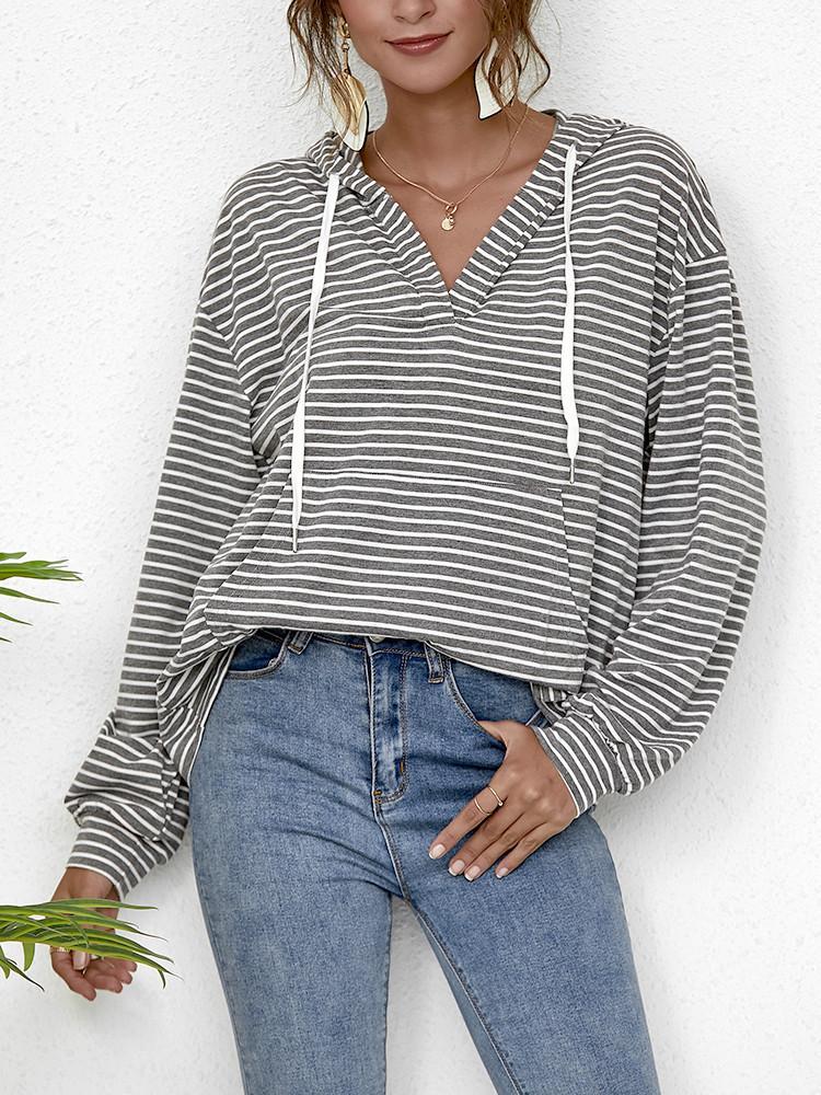 Striped Pocket Drawstring Loose Hoodie