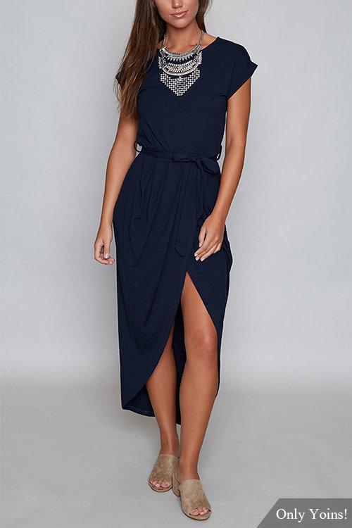 Navy Self-tie Design Irregular Hem Dress - Landing Closet