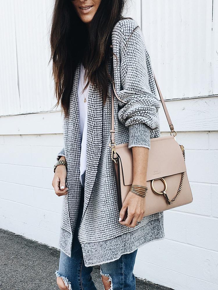 Loose Mid-length Plaid Cardigan