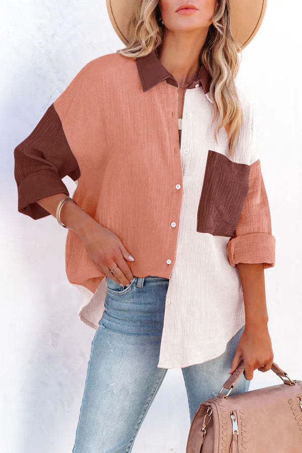 Color Block Textured Button Shirt with Pocket