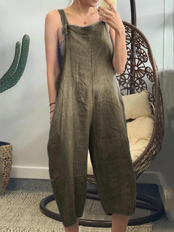 Women's Pocket  Cotton Solid Loose Jumpsuit