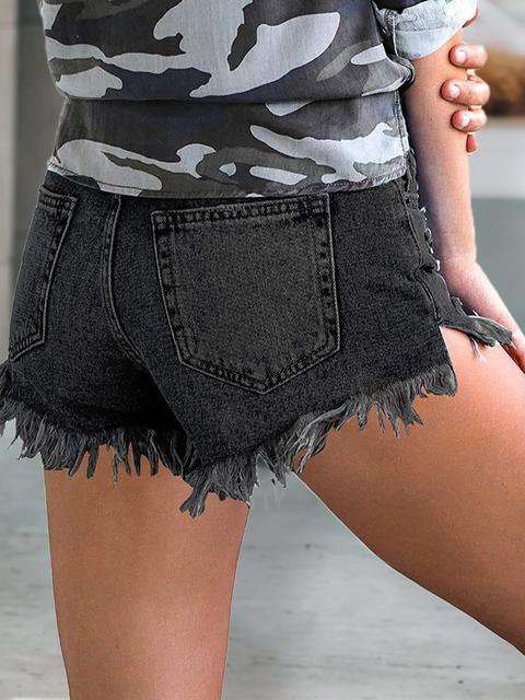 Denim Ripped Tassel Solid Shorts