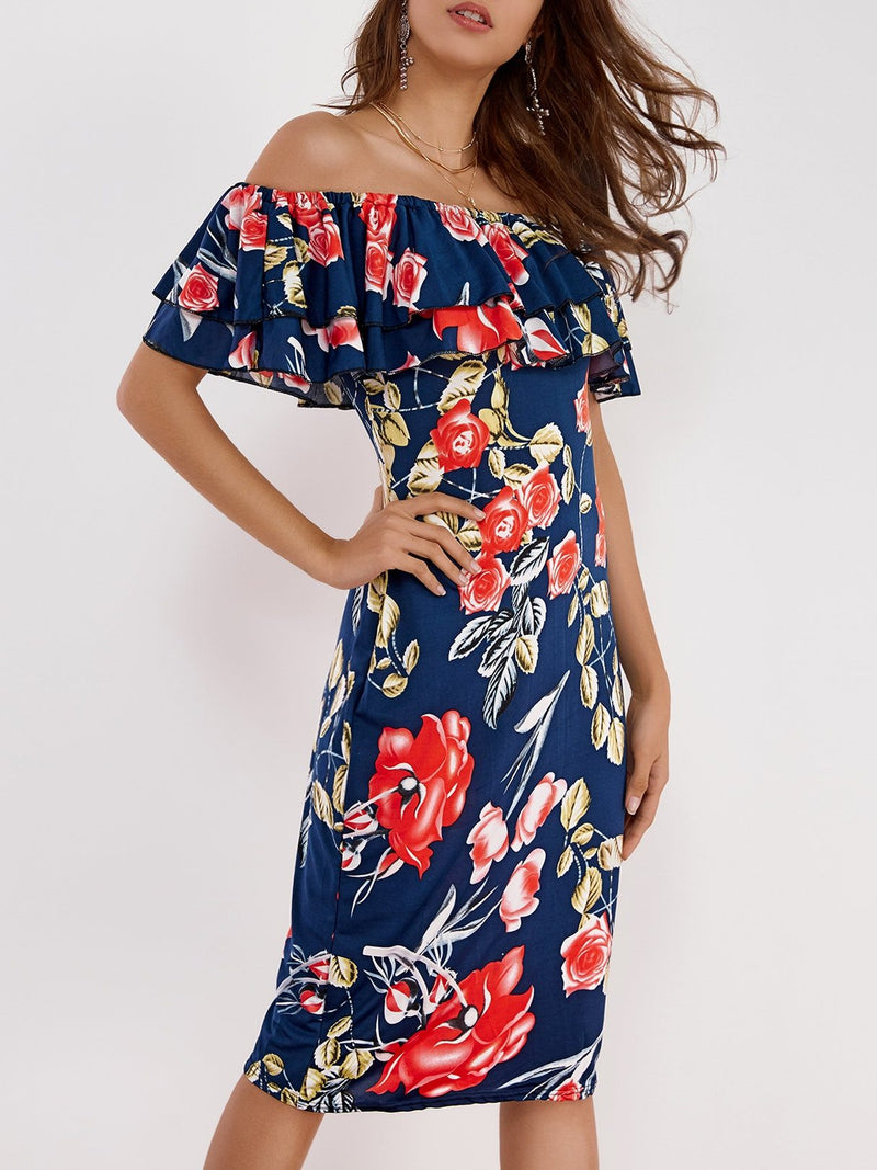 Off Shoulder Random Floral Print Tiered Dress - Landing Closet