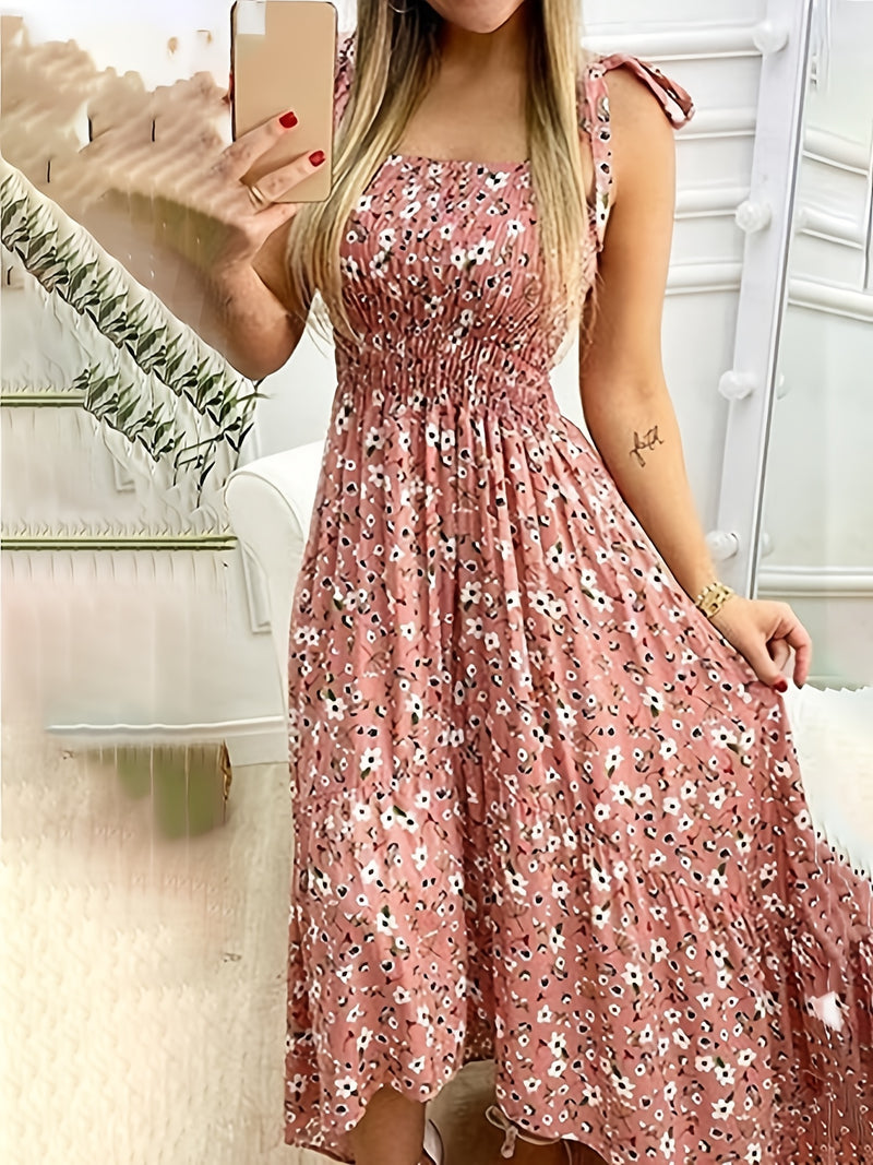 Floral Print Asymmetrical Color Block Spaghetti Strap Maxi Dress