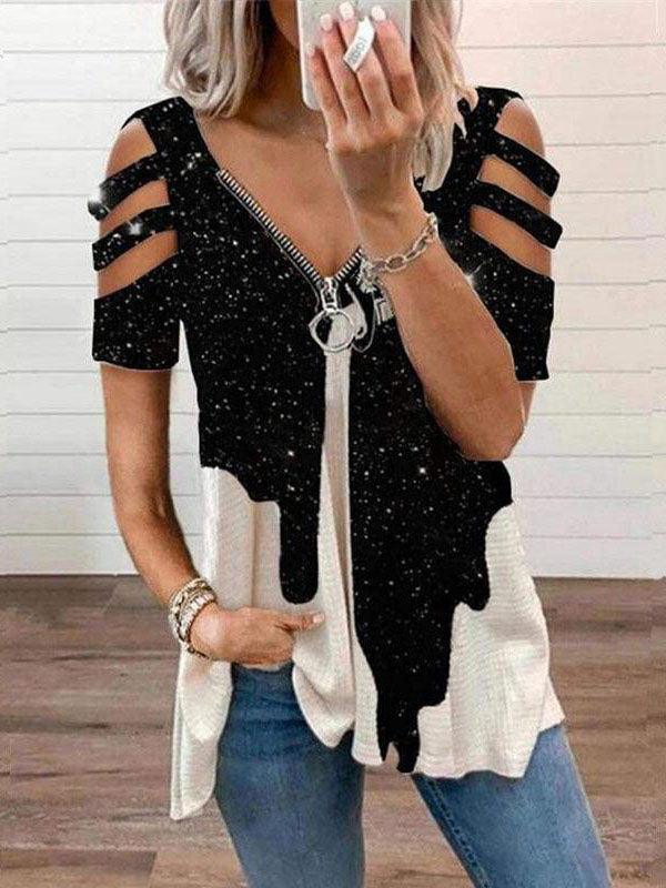 Casual Zip Up Short Sleeve Blouse Top