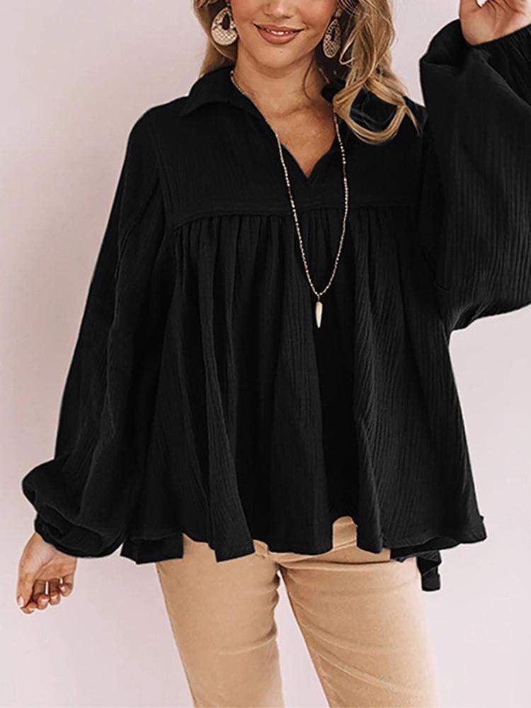 Lapel  V-neck Lantern Sleeve Pleated Blouse