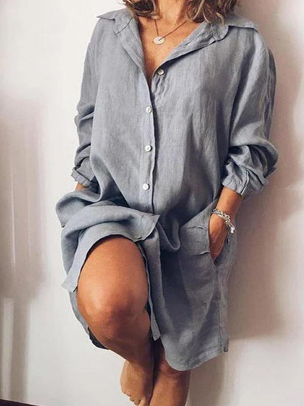 Solid Loose Pocket Button Shirt Dress