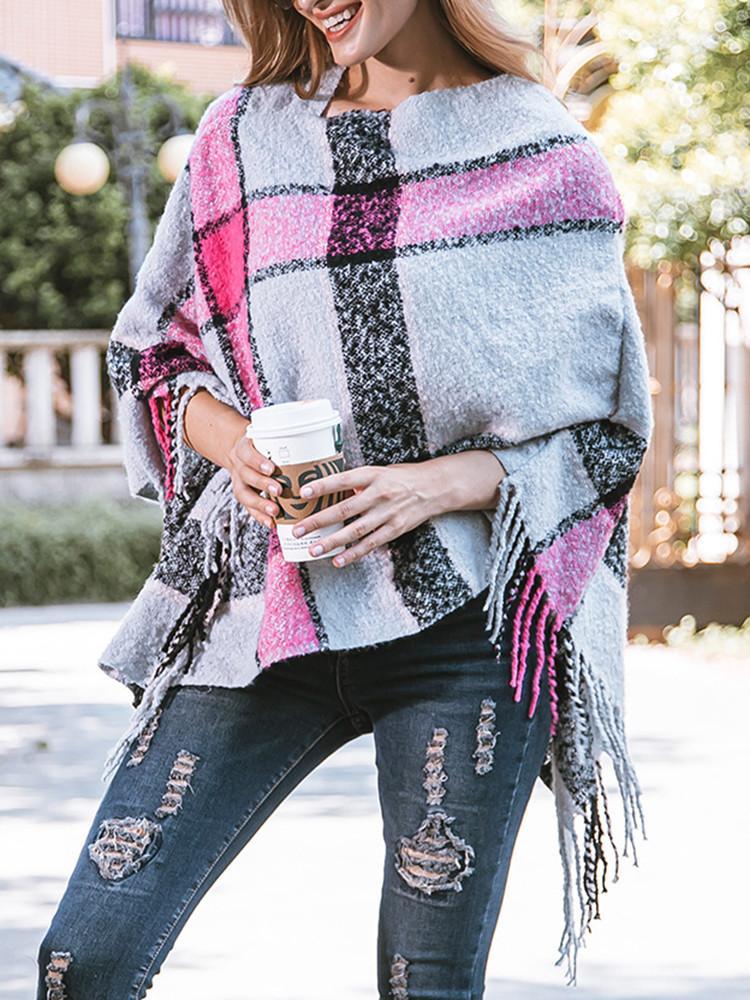 Fringe Hem Shawl Plaid Coat