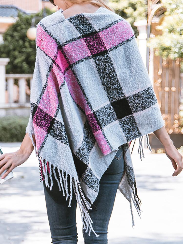 Fringe Hem Shawl Plaid Coat