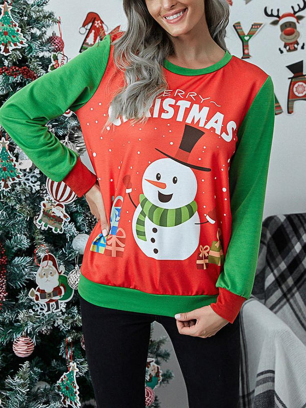 Christmas Print Splicing Long Sleeve T-shirt